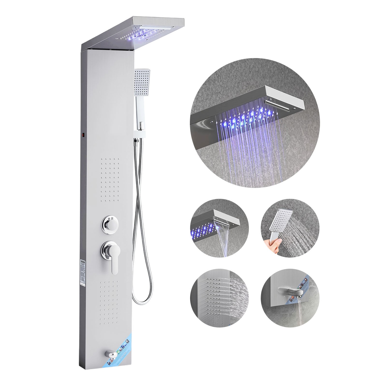 VEVOR Shower Panel Tower System Stainless Steel Column Rainfall Waterfall Head