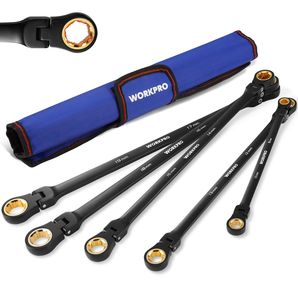 WORKPRO 5PCS Extra Long Ratcheting Wrench Set 8-19mm Combination Metric 72-Teeth