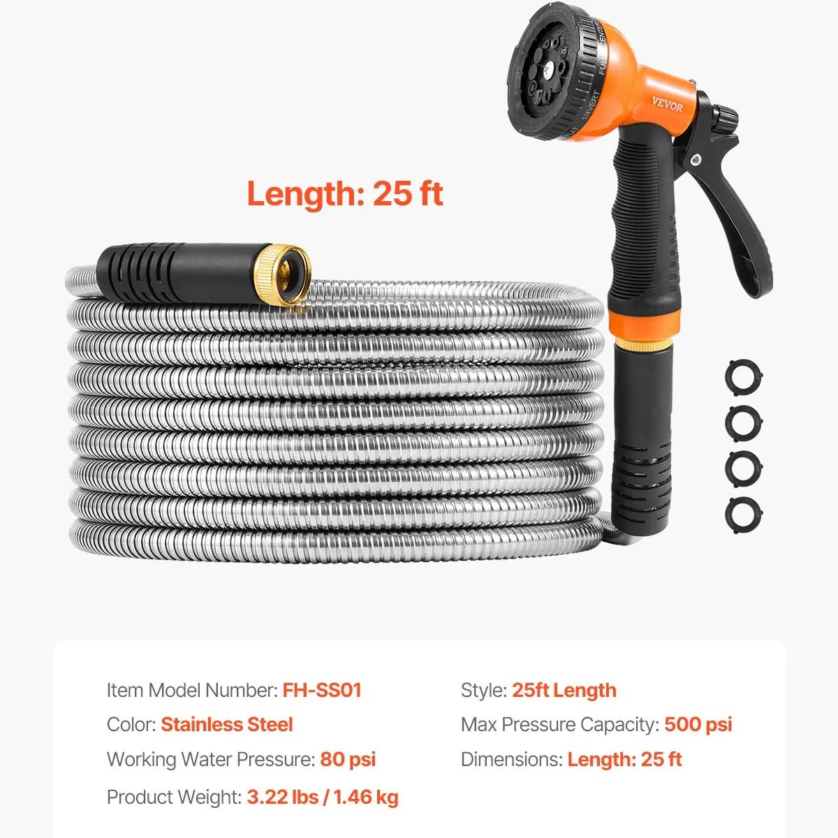 Flexible Metal Water Hose 200FT Heavy Duty Yard Camping Anti-Rust Pipe Kit