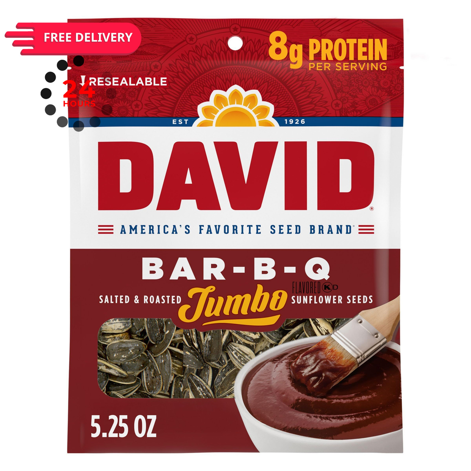 DAVID Jumbo Sunflower Seeds, Bar-B-Q Flavor, 5.25 oz. Ounce (Pack of 1)
