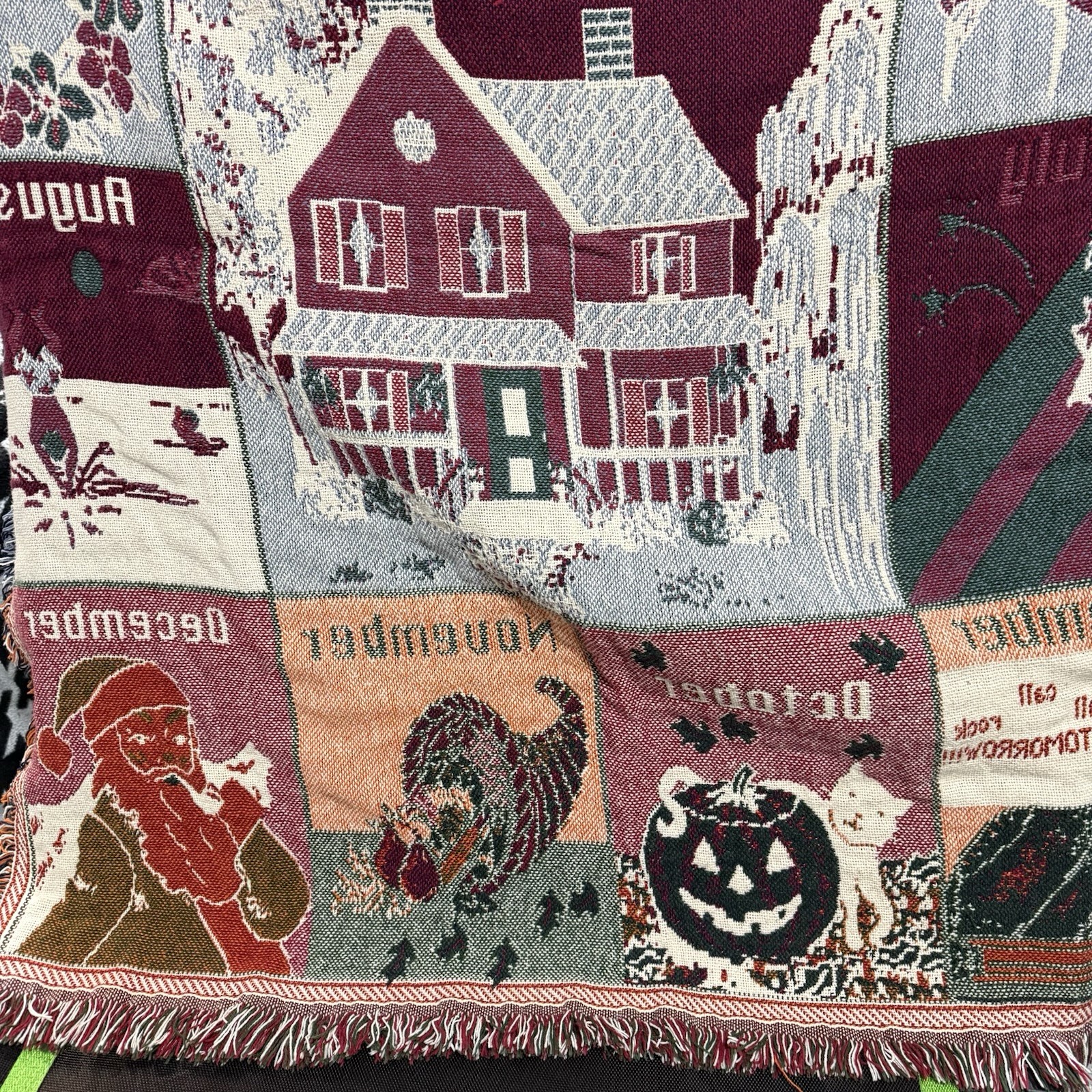 VTG 90s Tapestry Throw Blanket Welcome Home Calendar Holidays 12 Months EUC