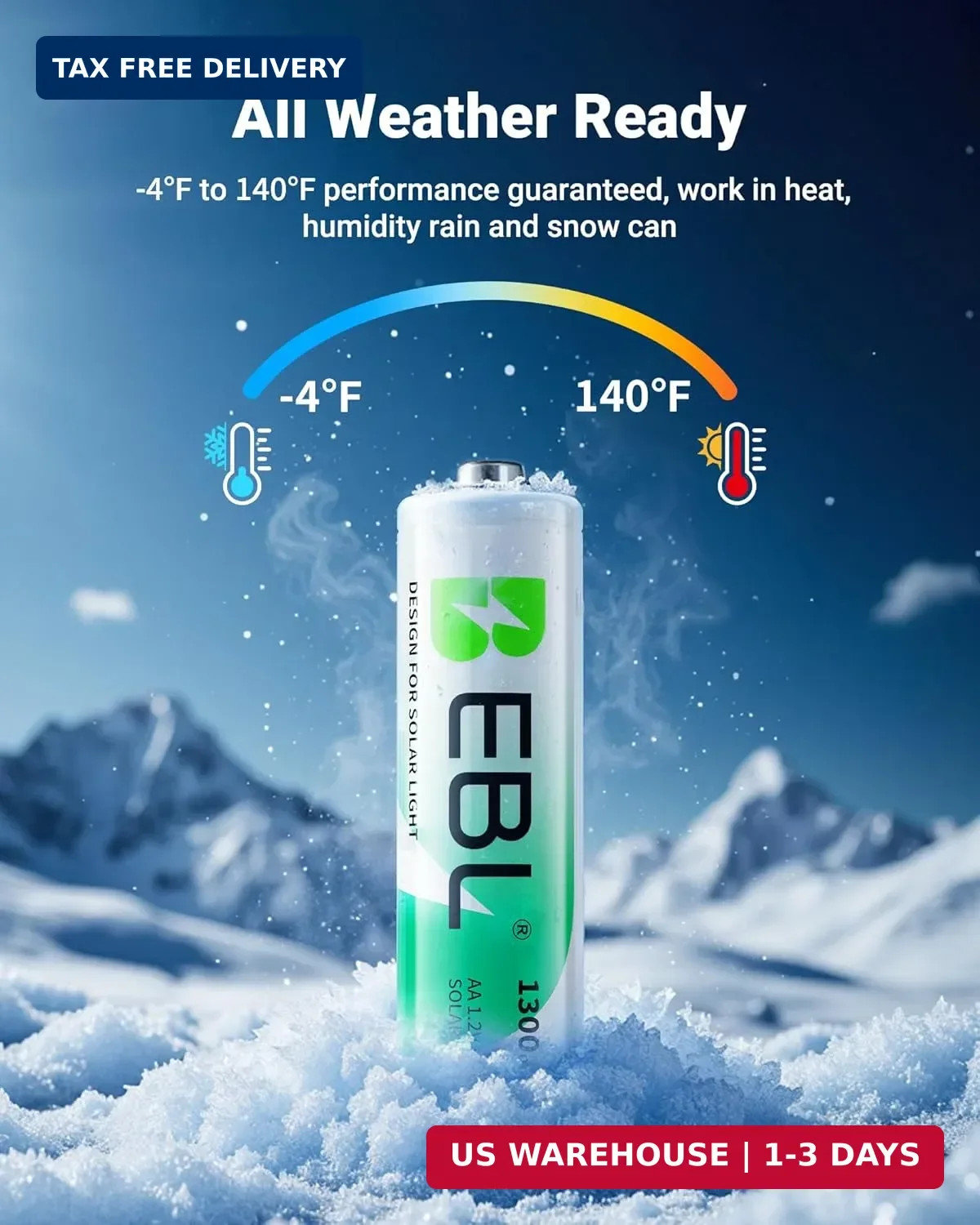 EBL Solar AA Battery Rechargeable Batteries for Outdoor Solar Lights, 1300mAh NI