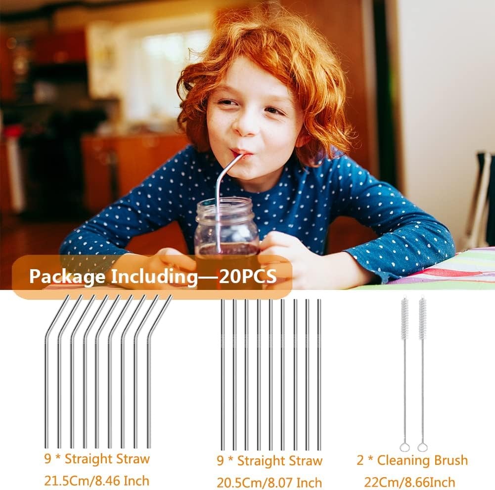 20-Pack Reusable Stainless Steel Metal Straws, 9 Straight + 9 Bent 8.5 Inch Meta