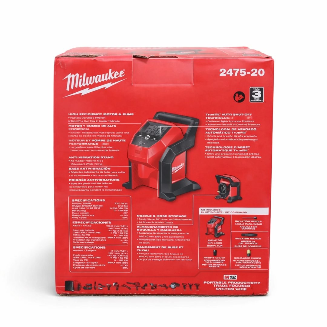 Milwaukee 2475-20 M12 Compact Inflator Cordless 12V Tire Air Compressor Tool