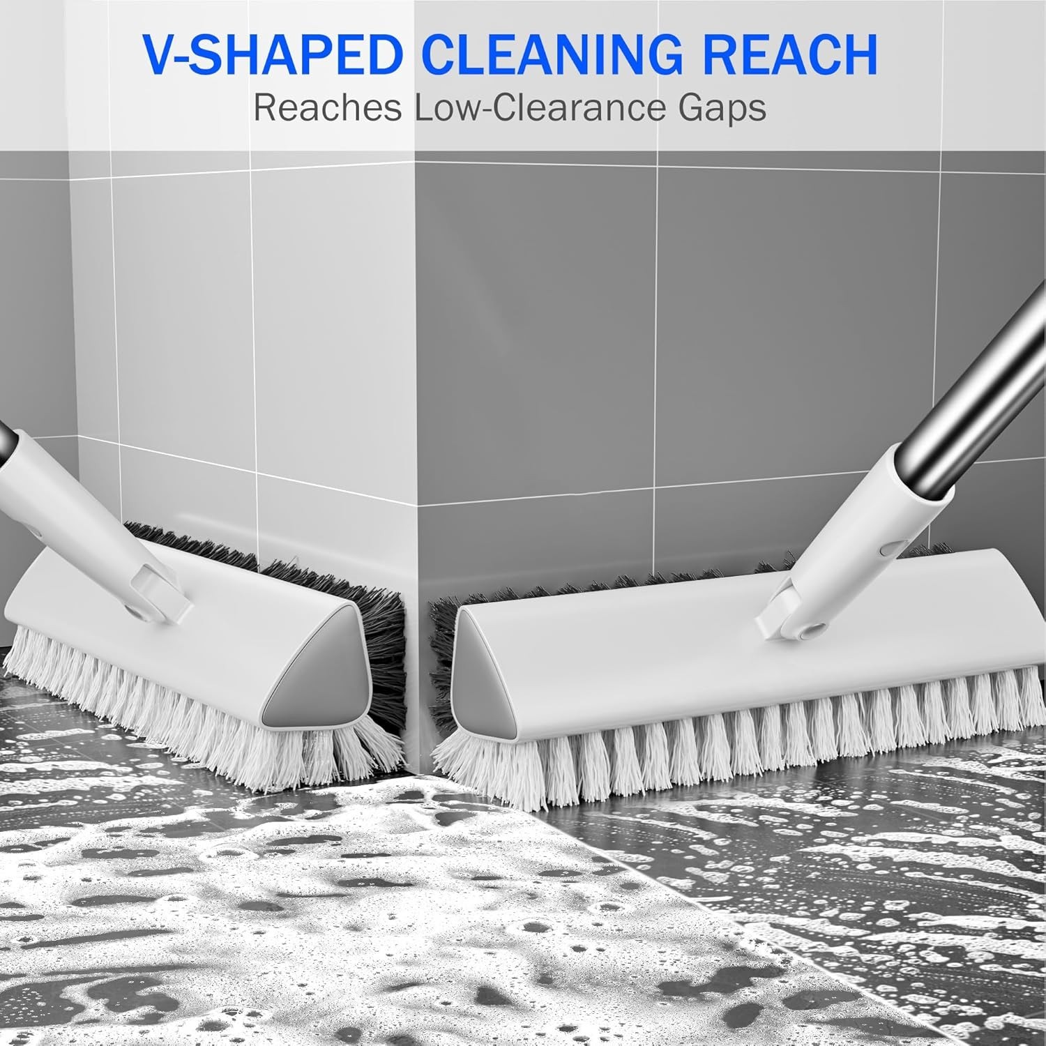 Grout Brush with Long Heavy Duty Handle, 180° Swivel Floor Scrub Brush, V-Sha…