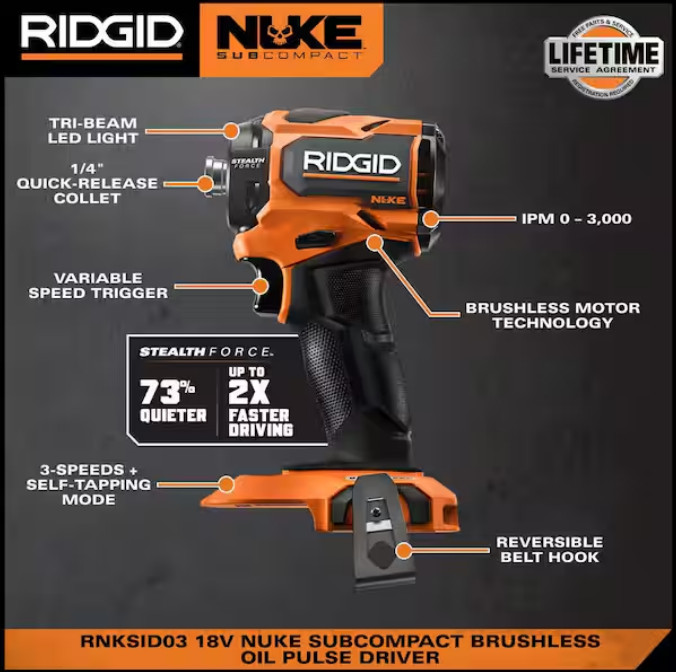 Ridgid Nuke 1/4″ Hex Stealth Force Pulse Driver 18V Brushless Cordless RNKSID03B