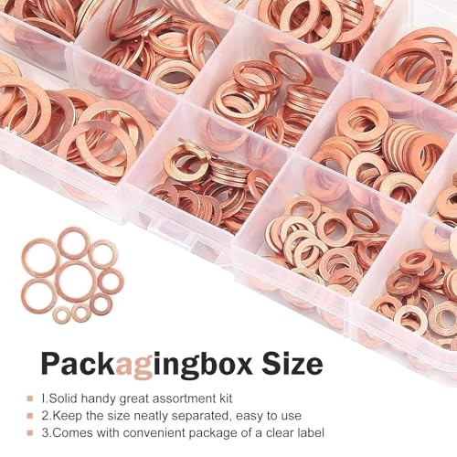 200 PCS Copper Crush Metric Washers Assortment Kit, Sealing Flat Ring Washer