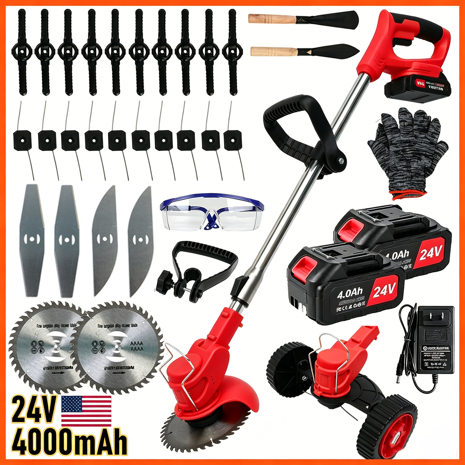 Red Electric Cordless Grass Trimmer Strimmer Garden Edger Cutter w/2 4.0 Battery