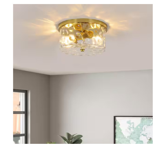 LamQee 9.8 in. 2-Light Gold Flush Mount Ceiling Light with Clear Hammered Glass
