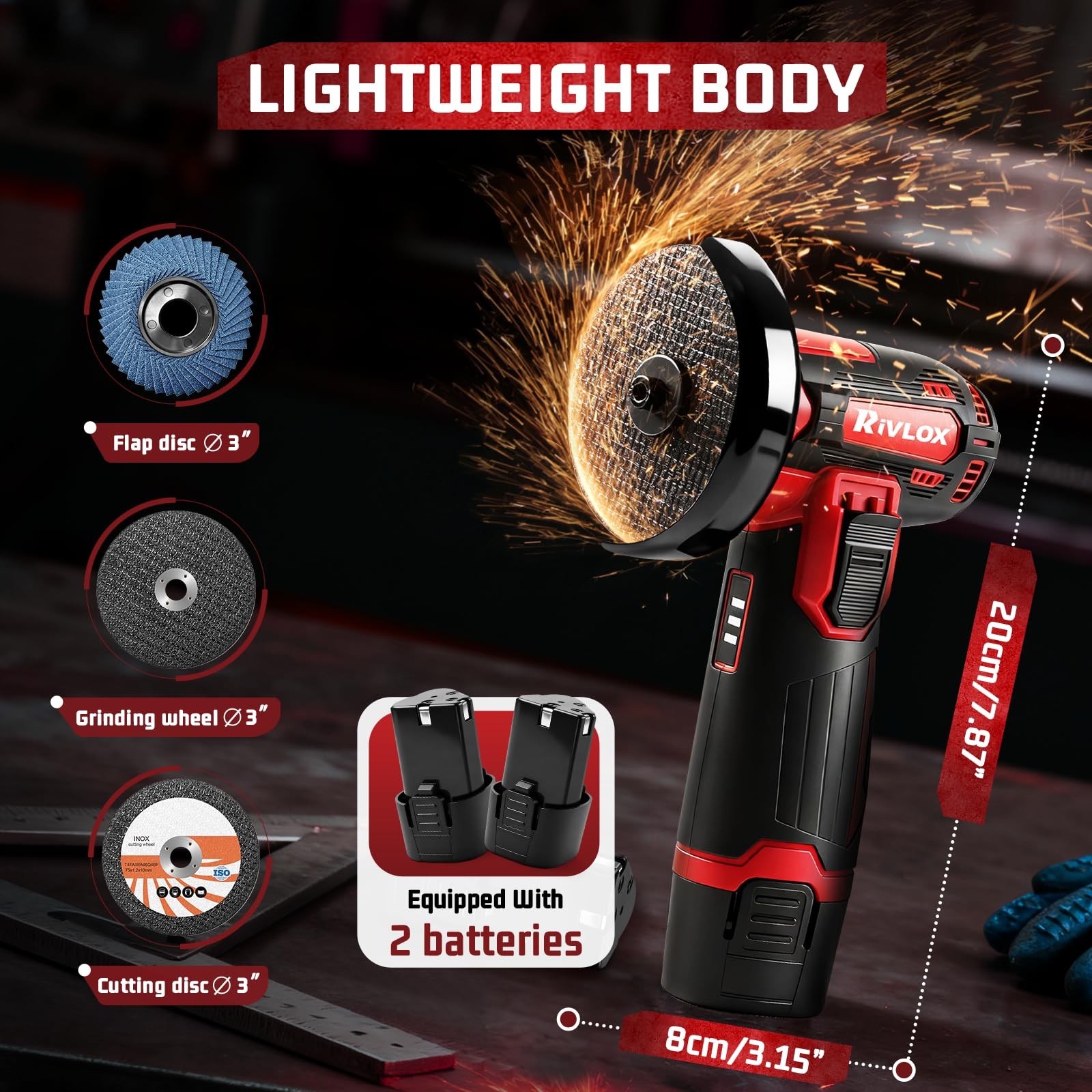 Cordless Angle Grinder Kit, 3-inch Mini Angle Grinder Tool with 2Pcs 12V 1500mAh