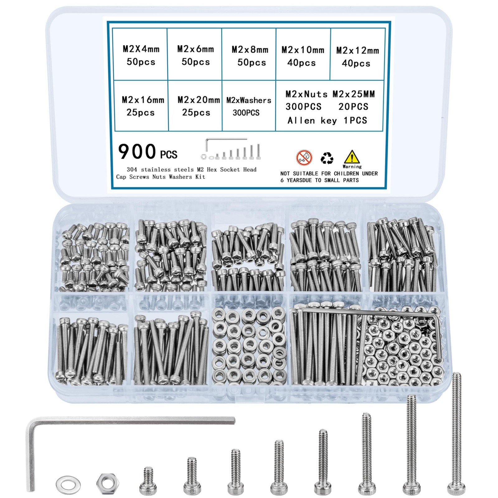 900 Pcs M2 Screws, Nuts and Washers Set – Hex Socket Head Cap Screws Kit – St…