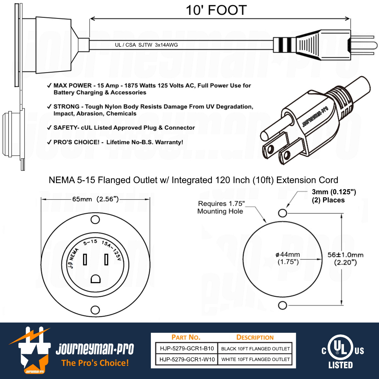 15A Waterproof Outdoor Power Port Panel/Wall Outlet Kit with 20″ Extension Cord