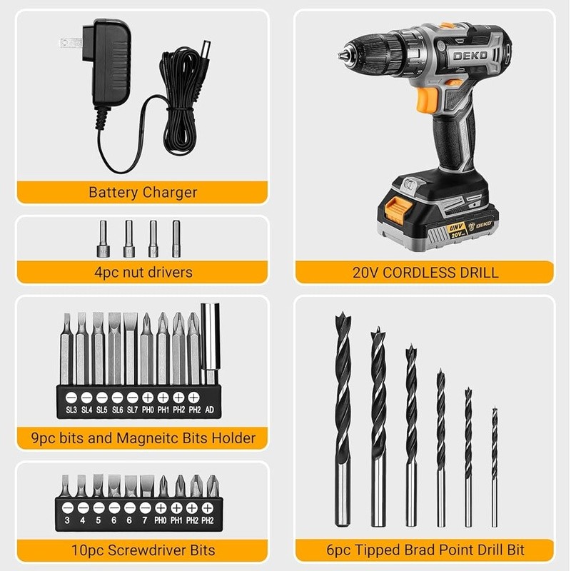 Cordless Power Drill 20V Electric Drill Set W/ Battery Charger & 10 Bits New