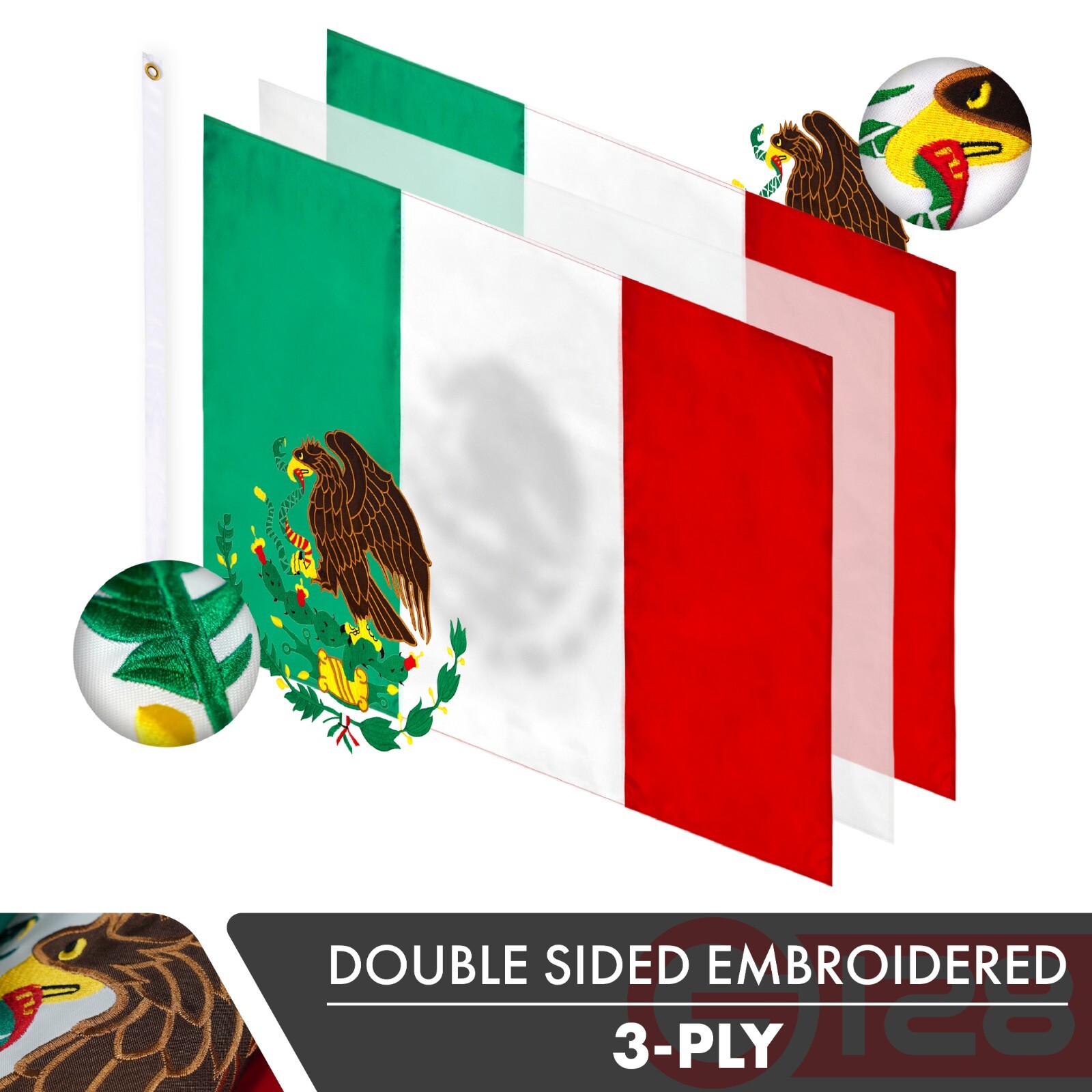 G128 – Mexico (Mexican) Flag | 3×5 feet | Double Sided Embroidered 210D