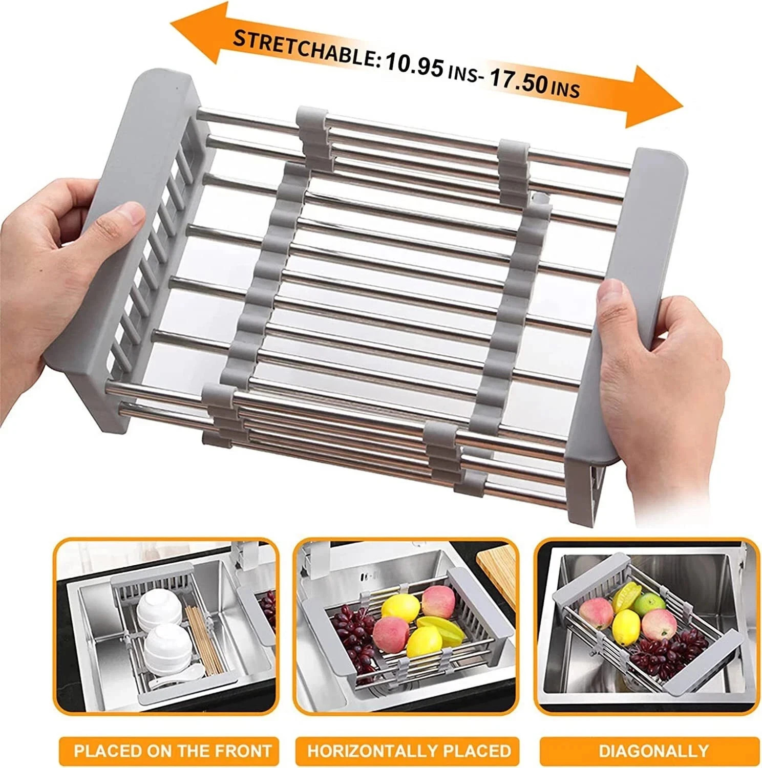 Over Sink Expandable Kitchen Drying Rack Stainless Steel Dish Drainer Adjustable