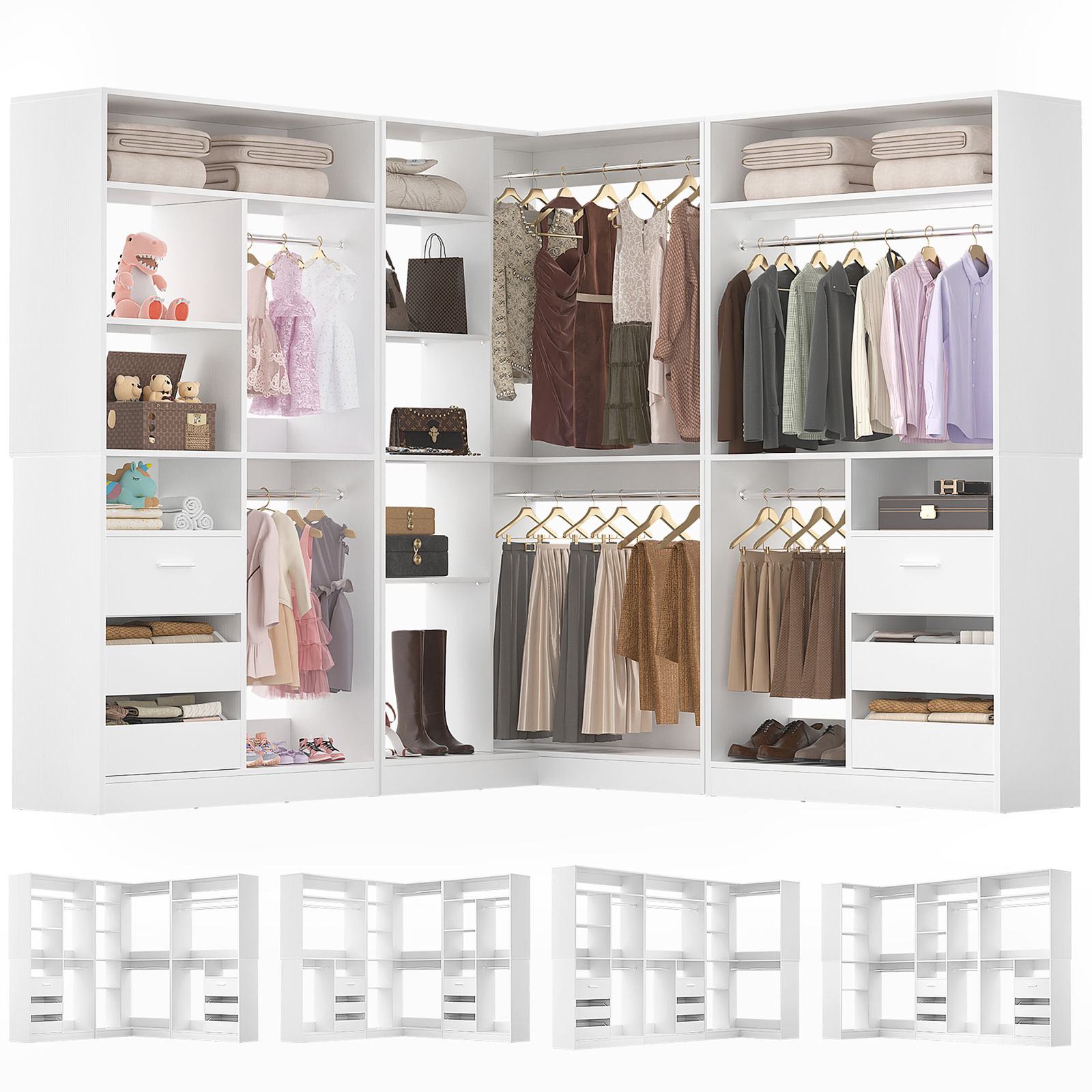 Freestanding Corner Closet System, Reversible Wardrobe Walk-in Closet Organizer