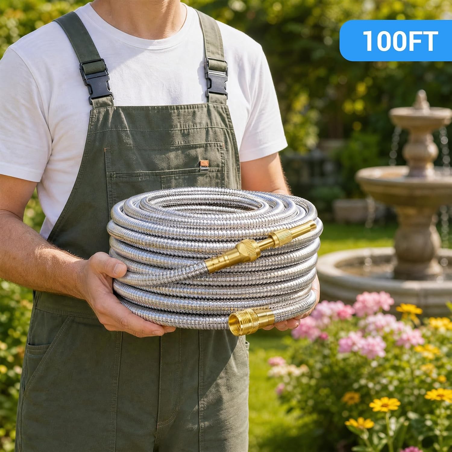 Garden Water Hose Pipe Stainless Steel 25/50/75/100 FT Flexible Hose with Nozzle