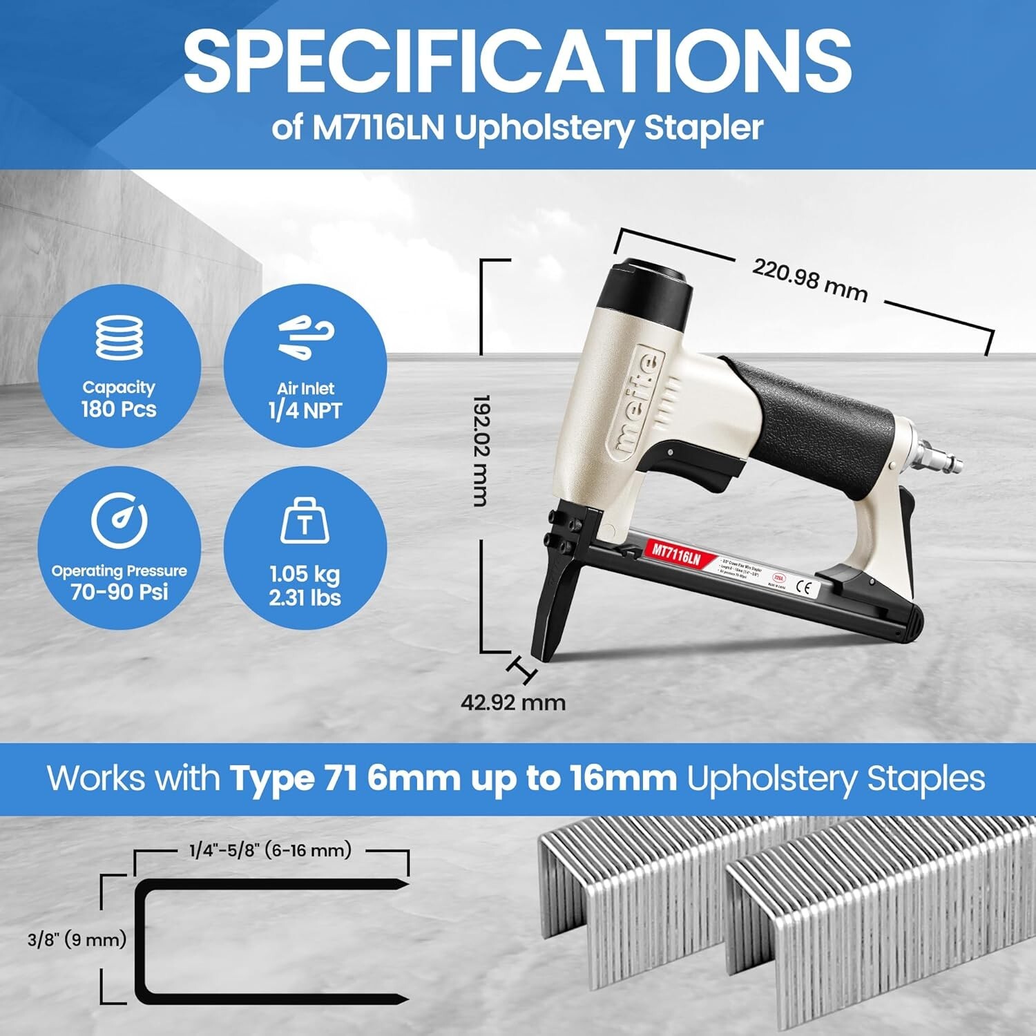 meite Fine Wire Stapler MT7116LN Pneumatic Upholstery Stapler with Long Muzzle