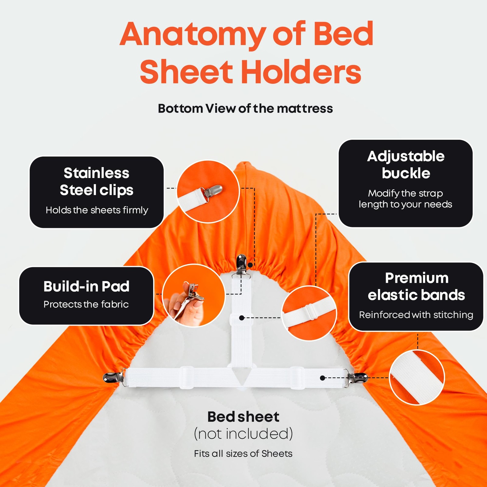 5 STARS UNITED Bed Sheet Straps Set | Easy to Use Adjustable 4 pcs, White