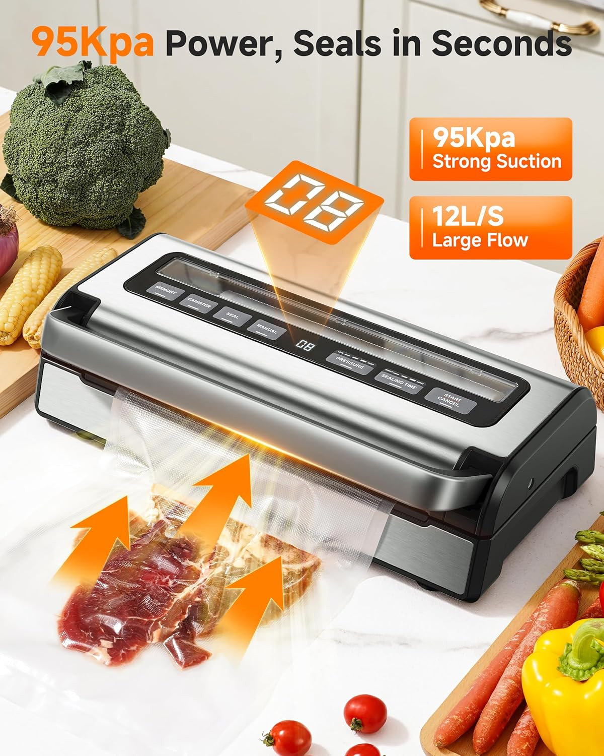 95Kpa 9-in-1 Automatic Vacuum Sealer for All Food Types – Dry, Moist, Liquid