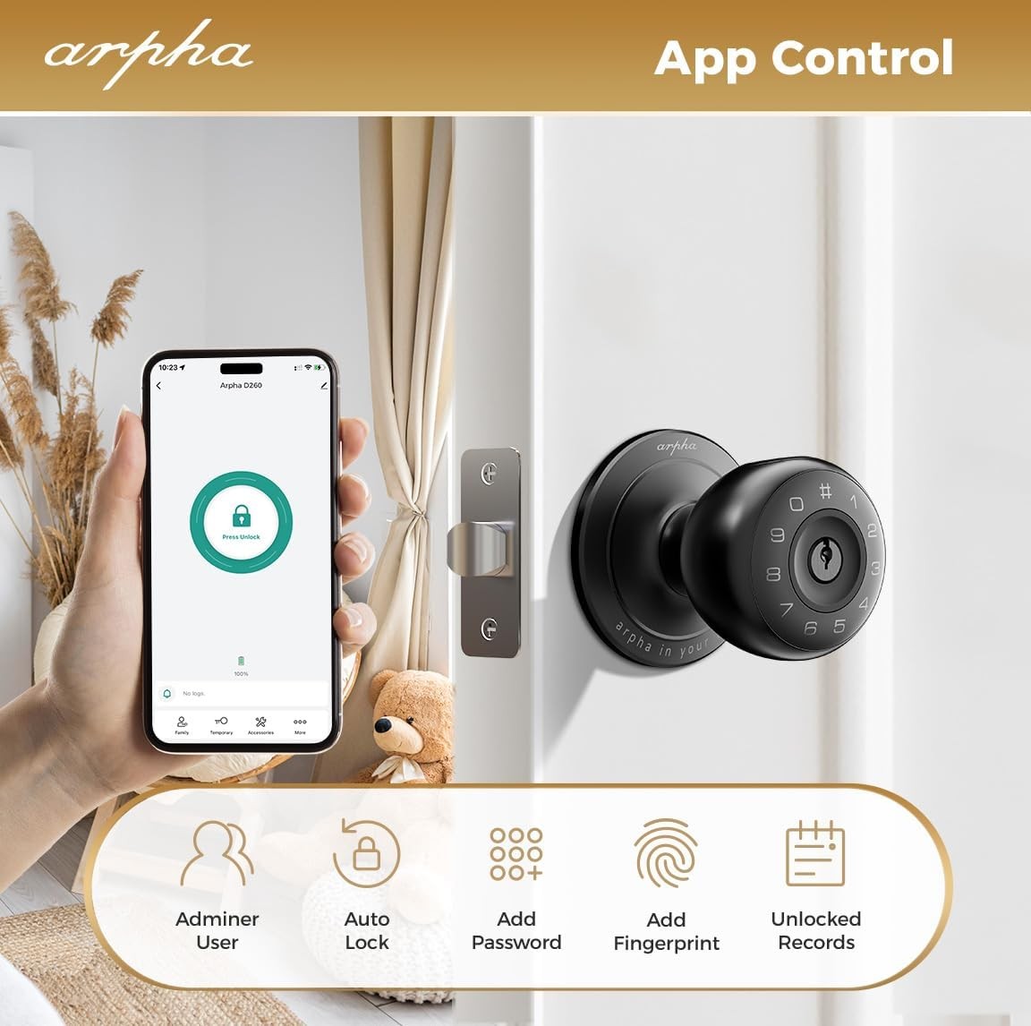 ARPHA Keyless Smart Door Knob Fingerprint Entry Auto Lock Handle D258 Door Lock