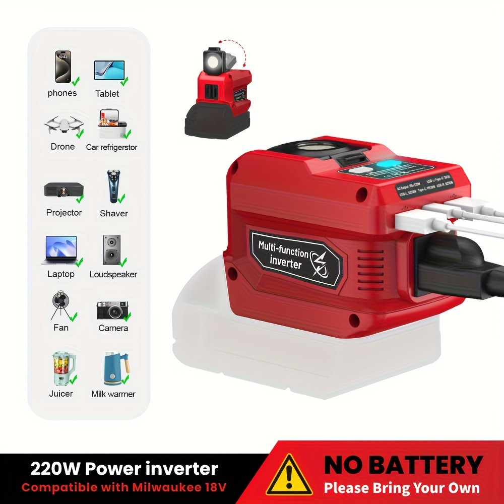 300W Voltage Regulator for Milwaukee Battery 110VOutlet PD USB Camping Power