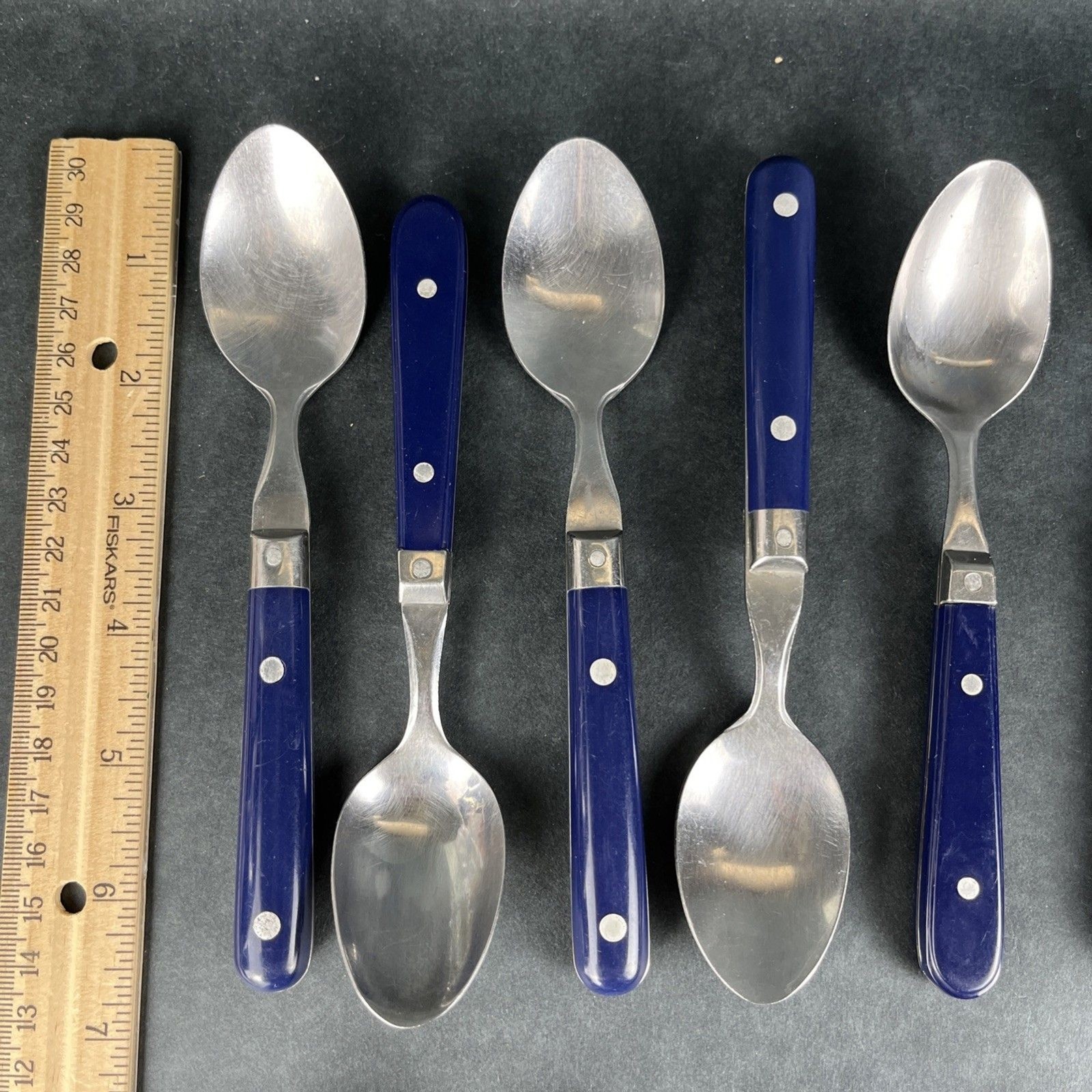 30pc VTG MCM Blue Riveted Handle Flatware Stainless Lifetime Thailand, Korea Mix