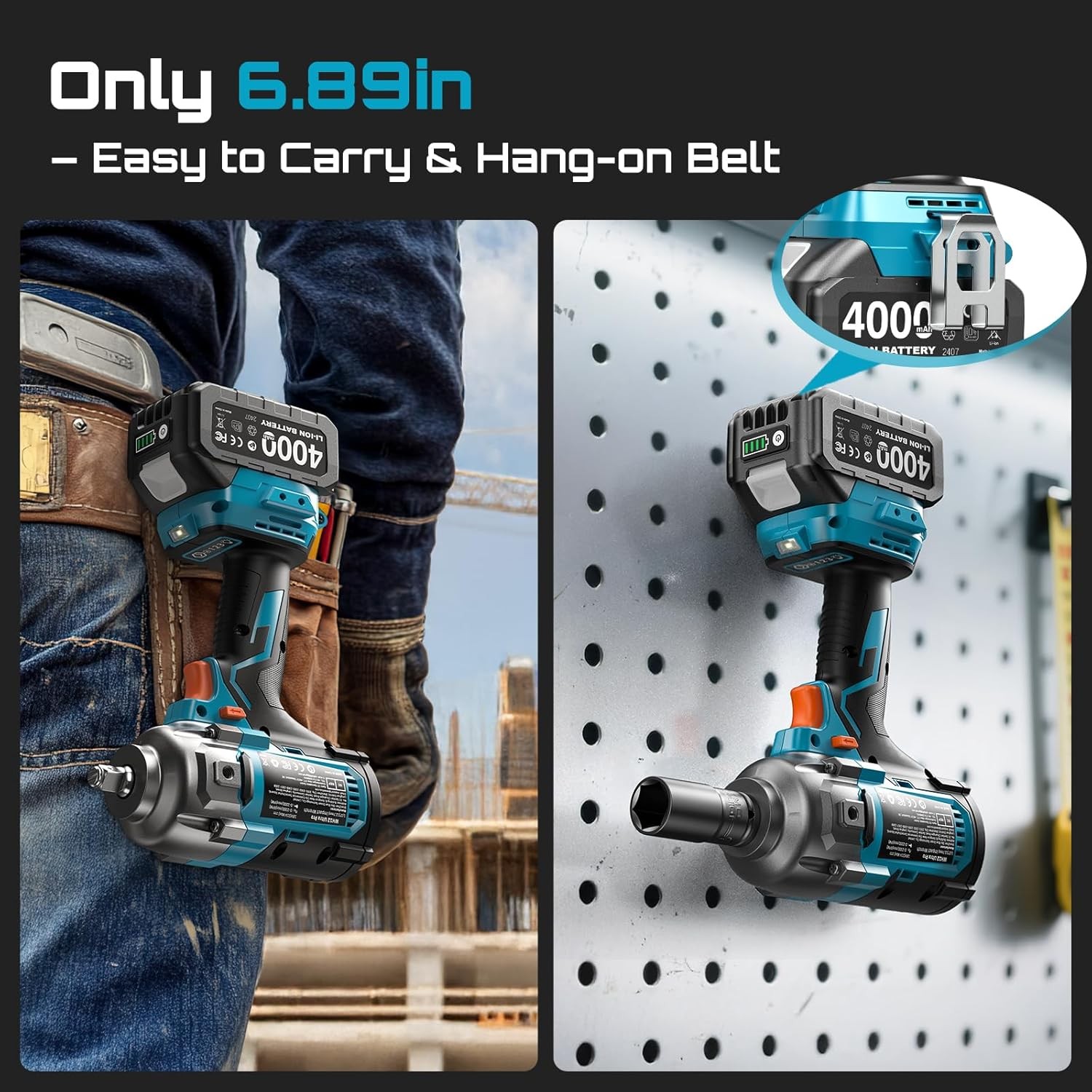 SEESII 1/2″ Impact Wrench Cordless 1180 Ft-lb Auxiliary Handle 2X4000MAH 2300RPM