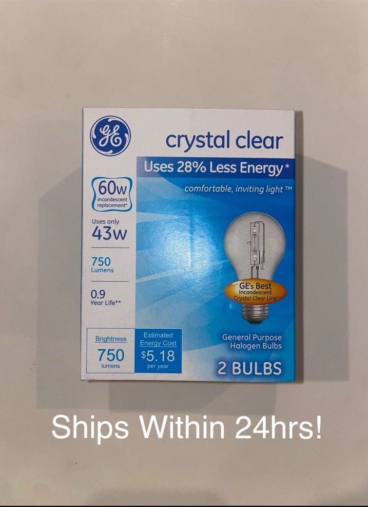 GE Crystal Clear 60W (Uses 43W) A19 Bulbs (2 Bulbs)