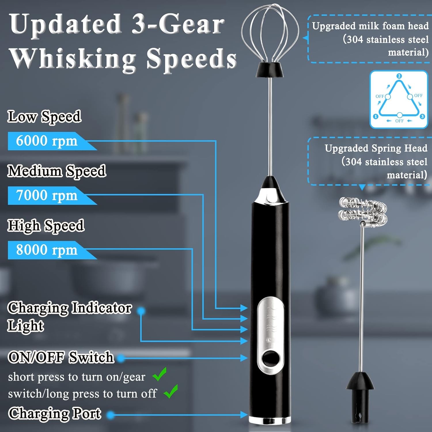 3in 1 Handheld Electric Whisk Mixer,Rechargeable 3 Speed Milk Frother Egg Beater