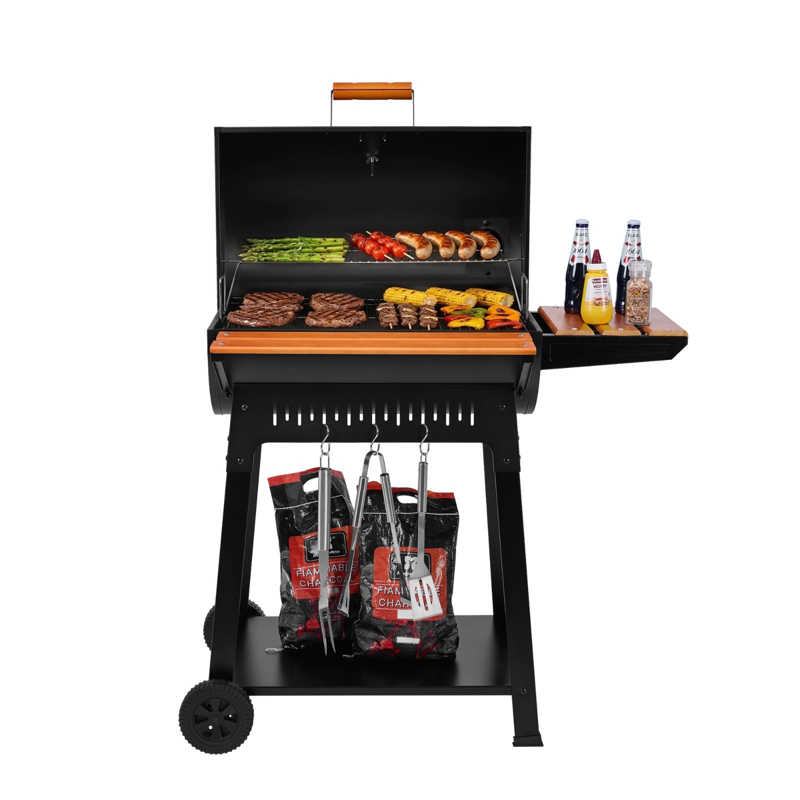 Royal Gourmet Barrel Charcoal Grill with Wooden Side & Front Shelves, Black