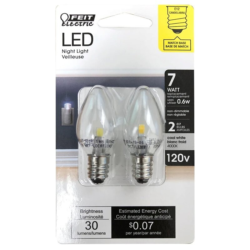 Feit Electric BPC7/LED 4000K 1W 120V E12 C7 White Incandescent Night Light Bulb