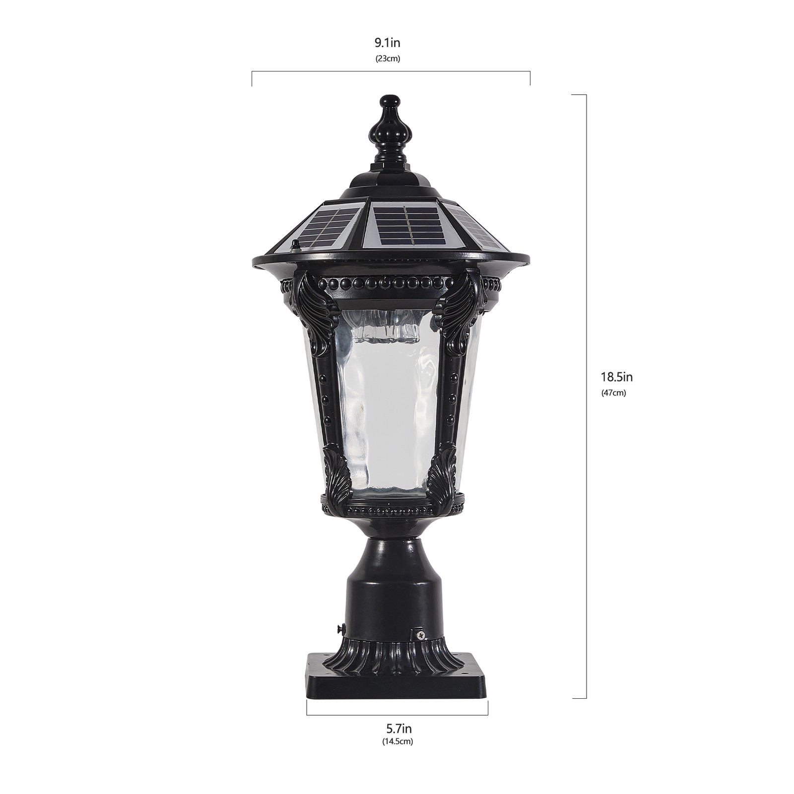 19” Solar Lamp Post Light Outdoor Black Pillar Dusk To Dawn With Remote Control