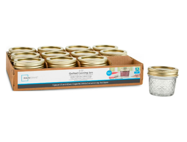 Mainstays 4 oz Quilted Mason Jars Regular Mouth 12 Pack with Lids & Rings.
