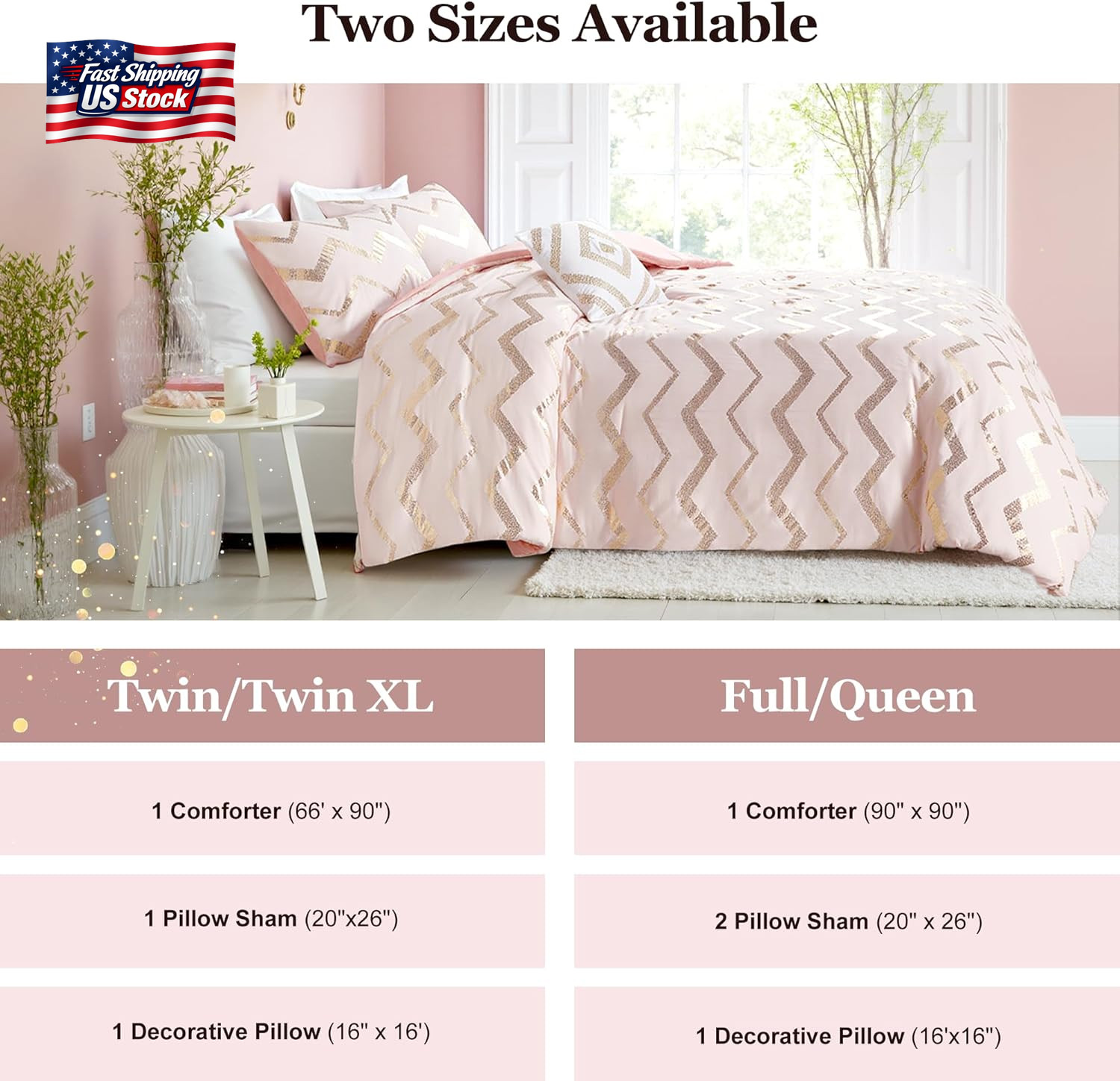 Codi Twin Comforter Set for Teens and Adults, 3-Piece Pink and Gold Bedding, War