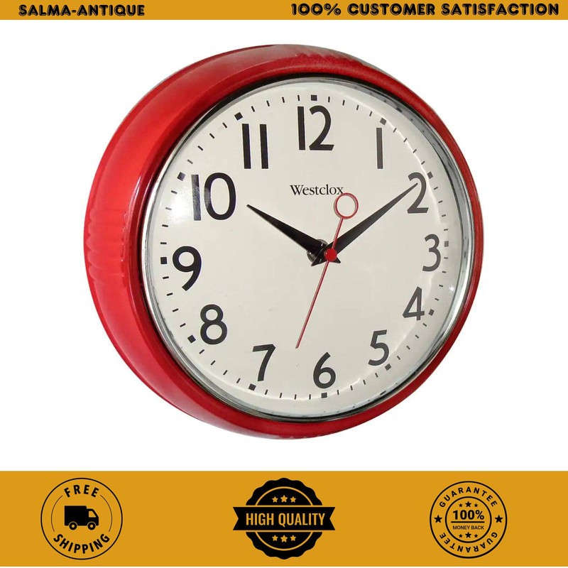 Westclox Retro Wall Clock Red 12 Inch Round Analog Quartz Kitchen Chrome Bezel