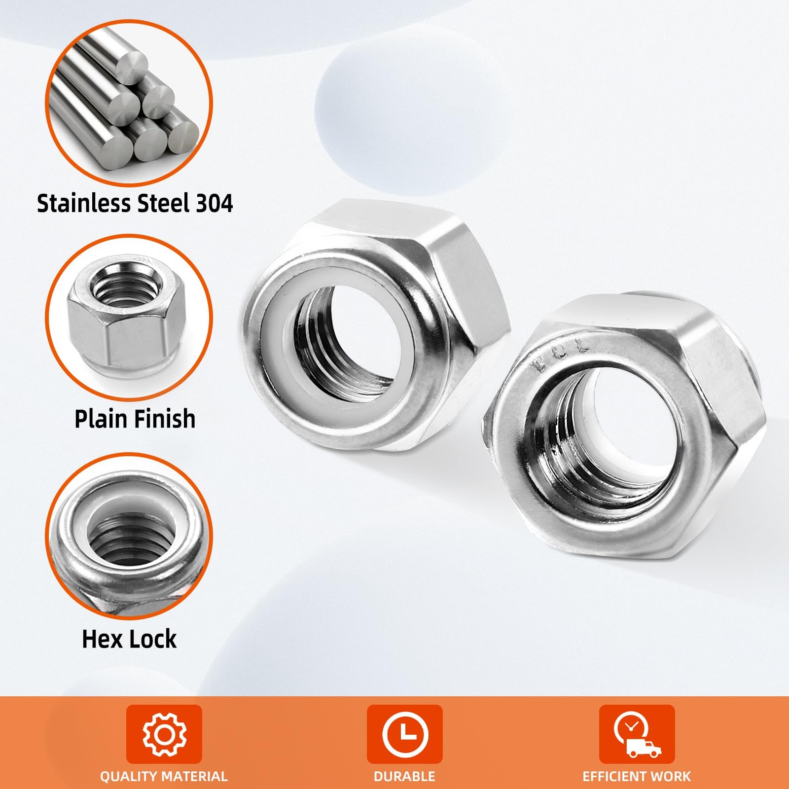 MewuDecor 3/8-16 Nylon Insert Hex Lock Nuts Locknuts, 304 3/8-16, Silver