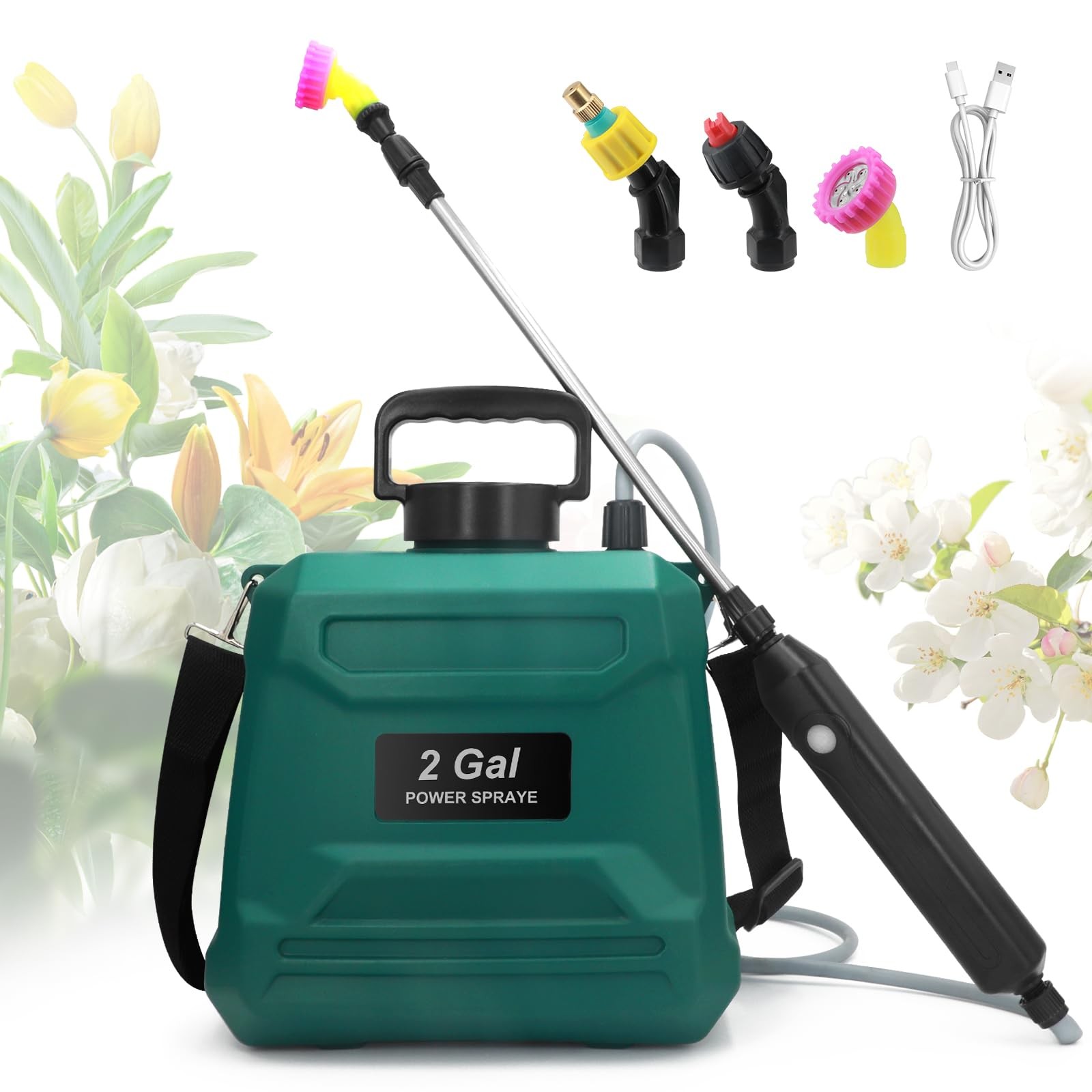 2 Gallon Battery Powered Garden Sprayer with 3 Nozzles, USB Rechargeable