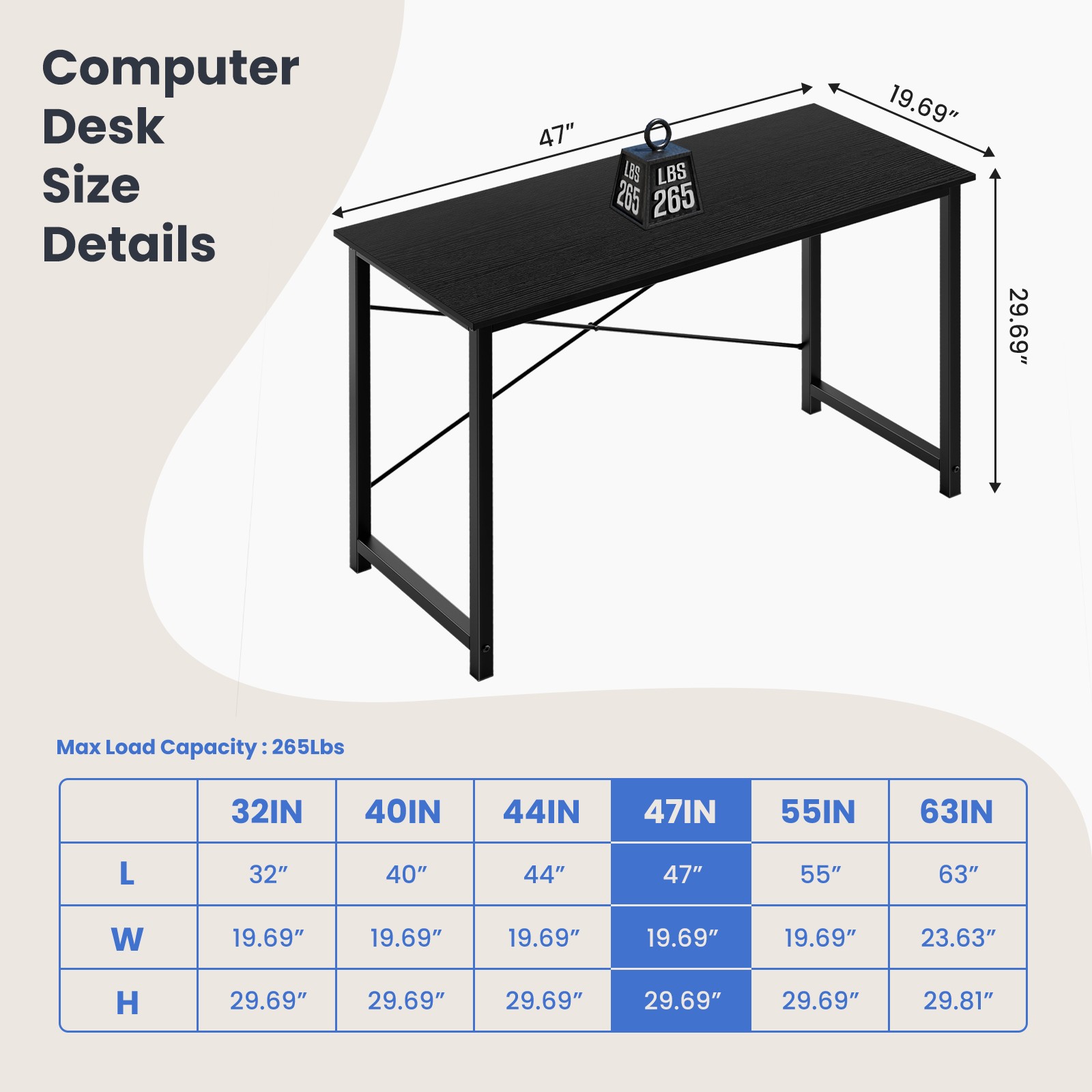 40/47/55/63 inch Wood Computer Desk Home Office Study Desk with Storage and Hook
