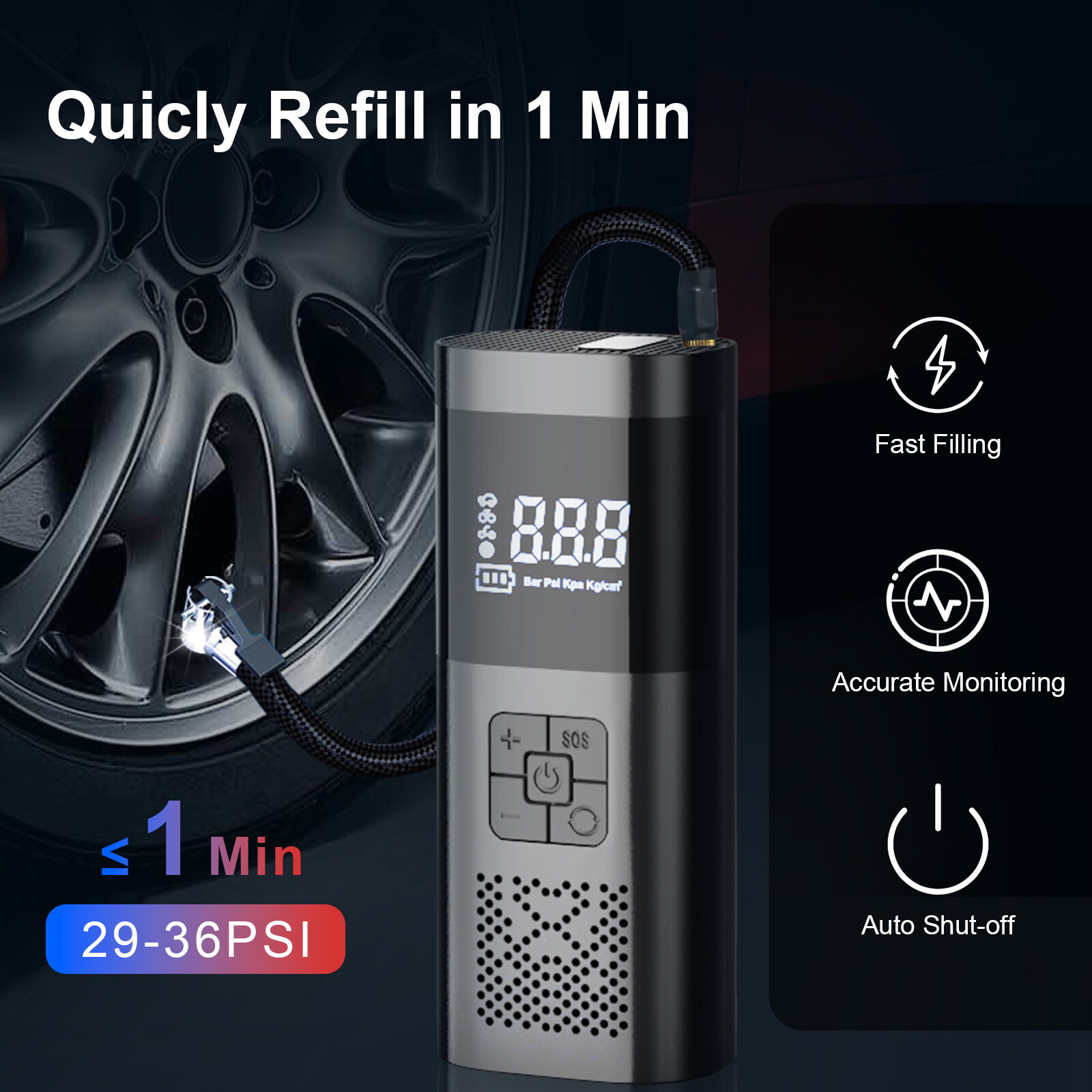 150 PSI Air Compressor Tire Inflator Fits Car Moto Bike Tires Air Pump Cordless