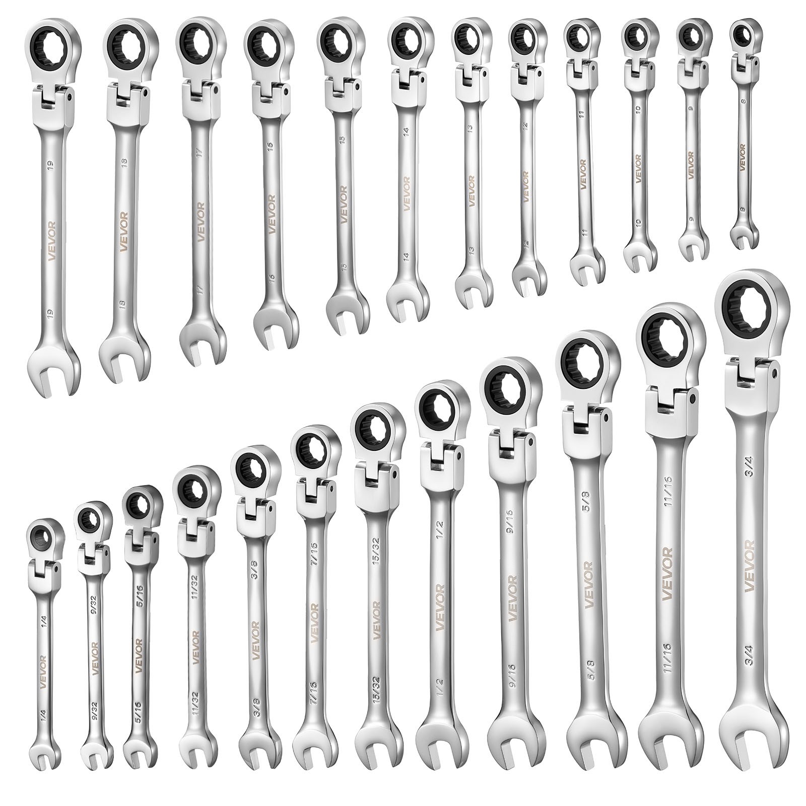 VEVOR Flex-Head Ratcheting Wrench Set Combination Wrench Set 24-Piece SAE Metric