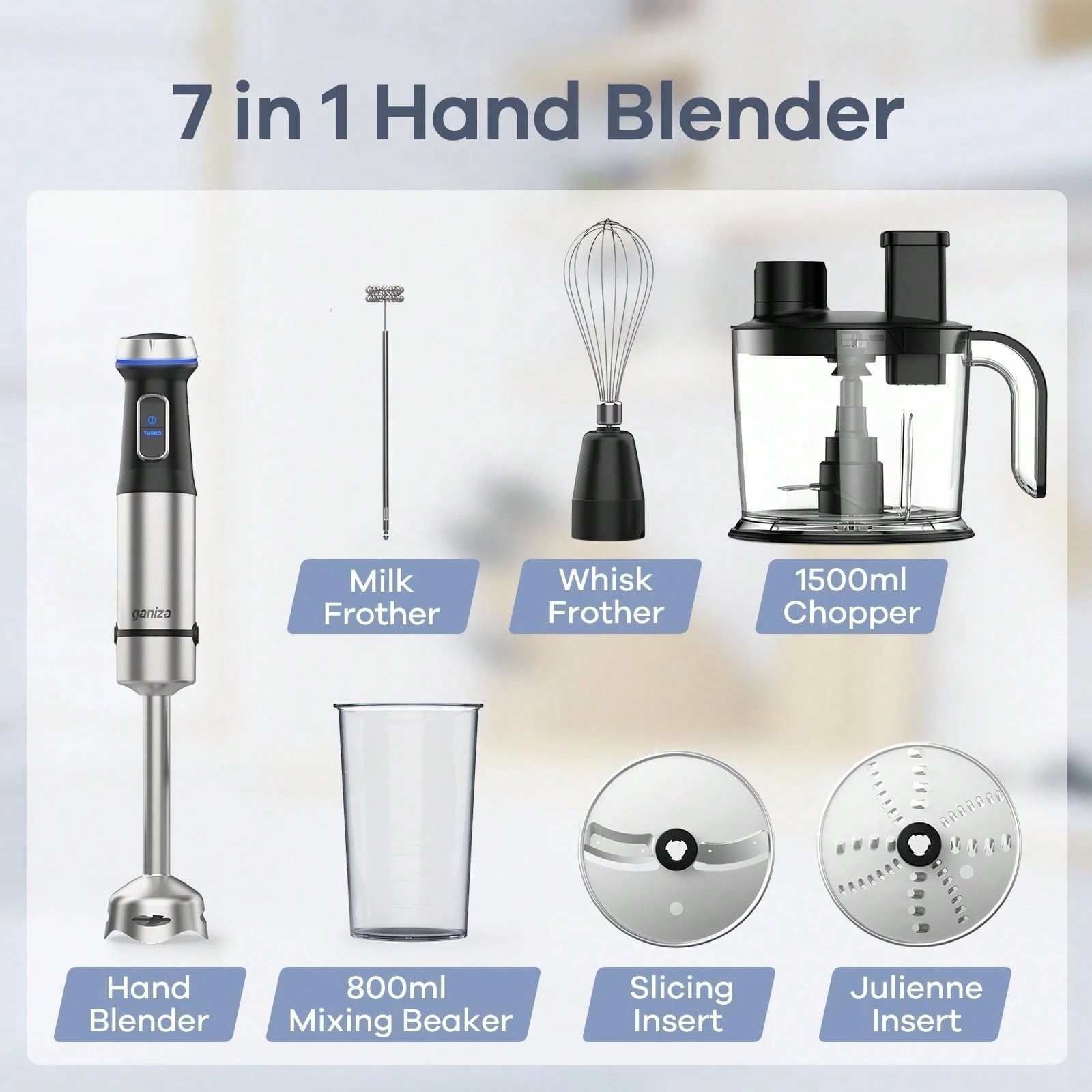 Ganiza 7-in-1 Immersion Blender 1500ml Food Processor Turbo Mode Stick Blender