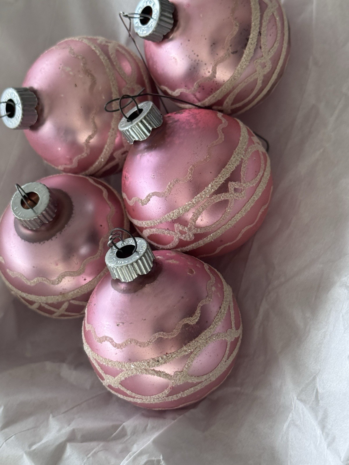 Vintage Shiny Brite Soft Baby Pink Ornaments Mica Stenciled Set Of 5 LOT