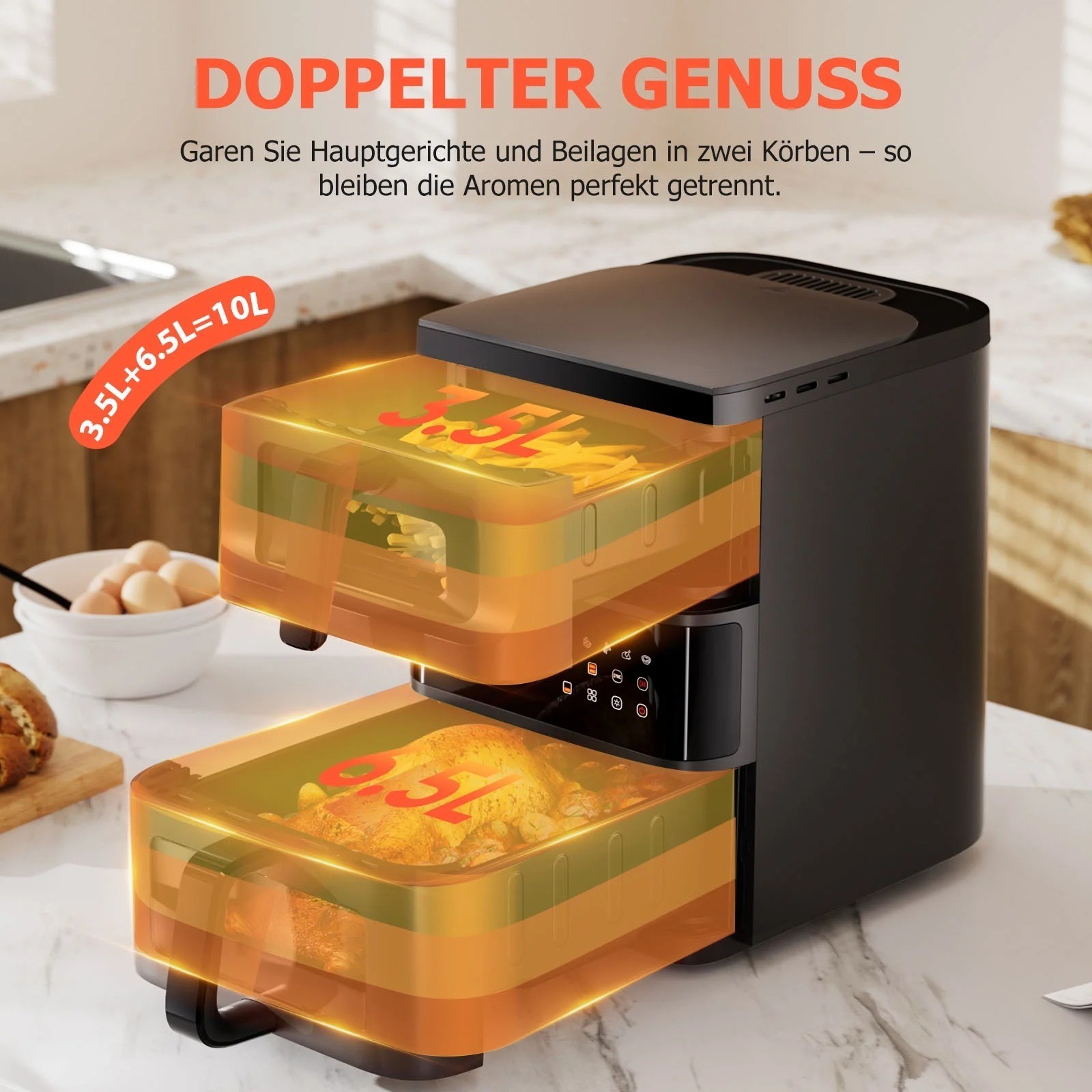 2-Tier Digital Air Fryer Dual Zone Heating Visual Window Space Saving Oil Free