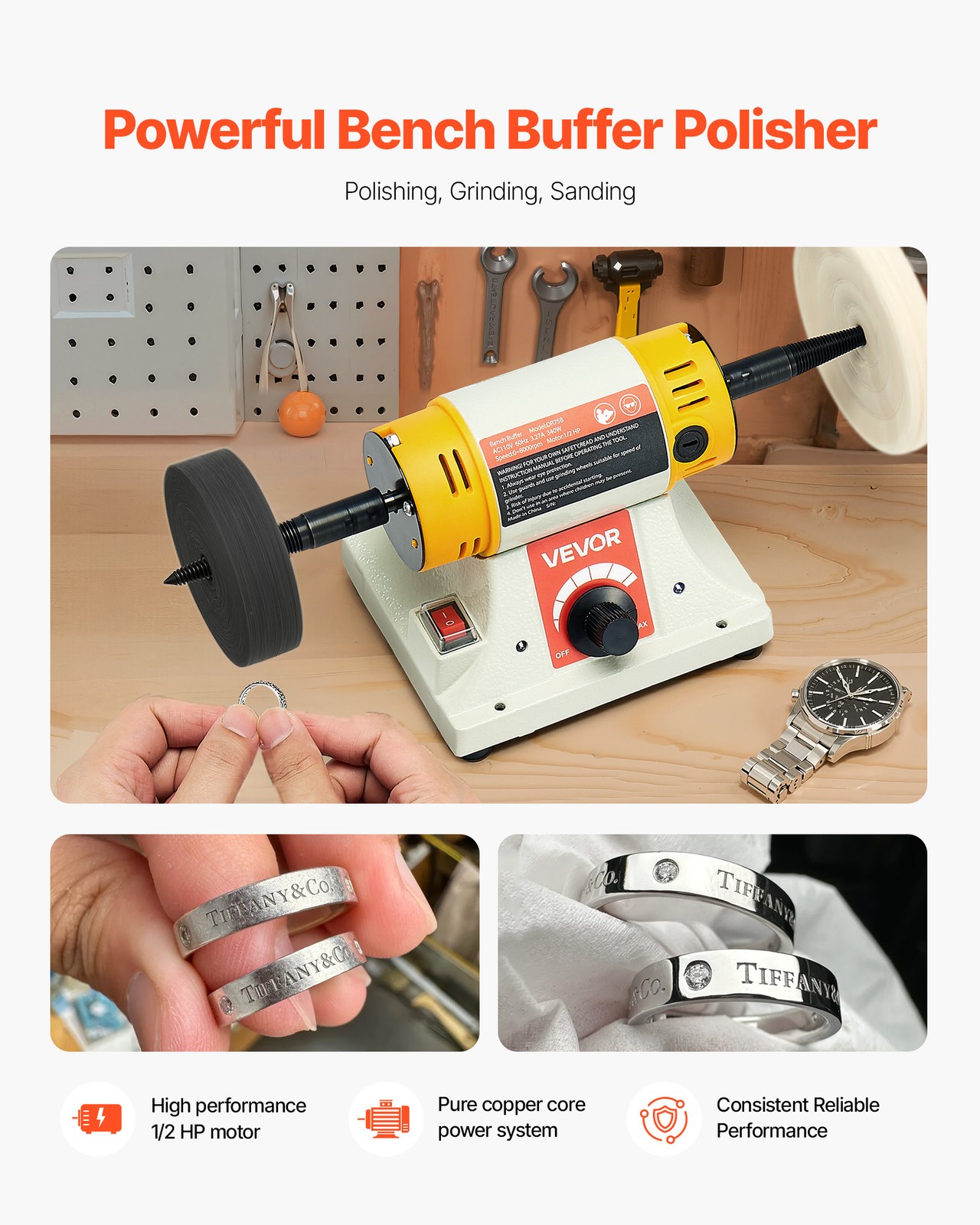 VEVOR 1/2HP Bench Buffer Polisher 0 to 8000RPM with 3-inch & 4-inch Wheels