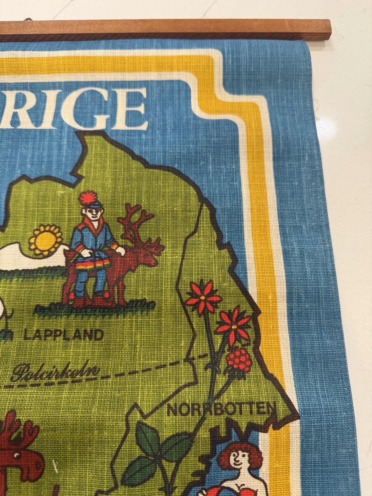 Vintage 1970s Kalle Berglund Sweden Illustrated Fabric Map Wall Hanging Tapestry