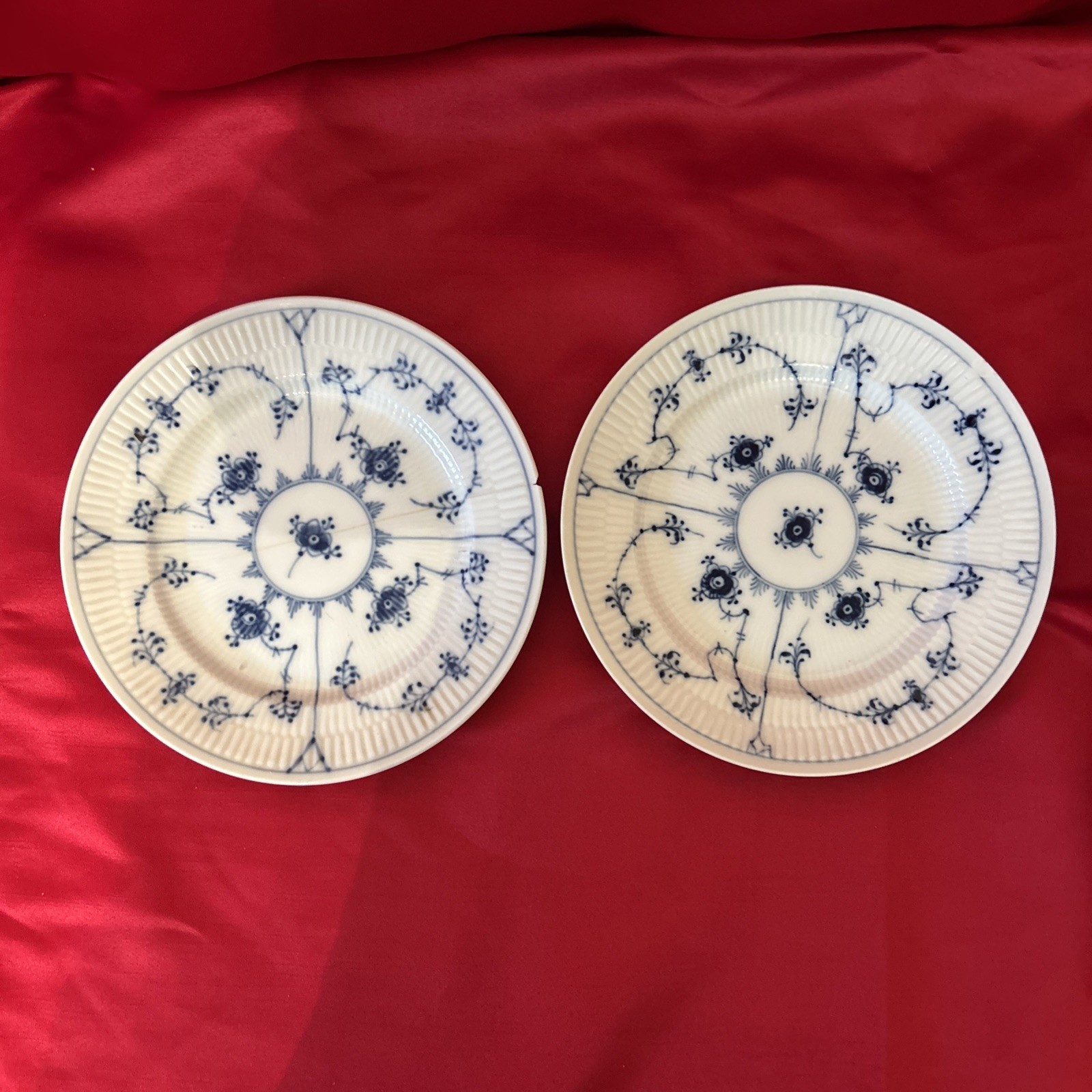 Royal Copenhagen 2 Blue Fluted Half Lace Plates 7.5in