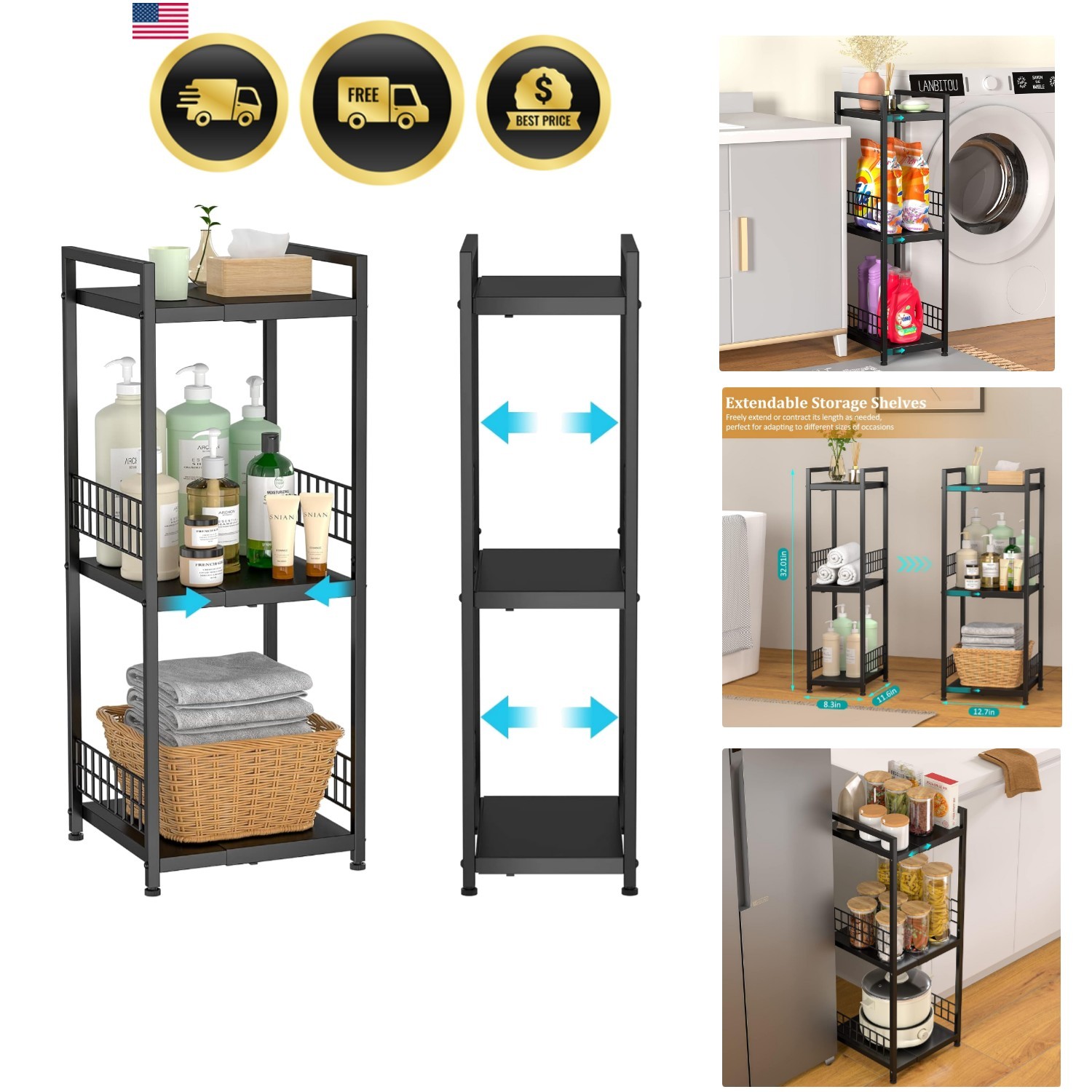 3-Tier Metal Shelving Unit, Expandable, Free-Standing, Narrow, Open Floor She…
