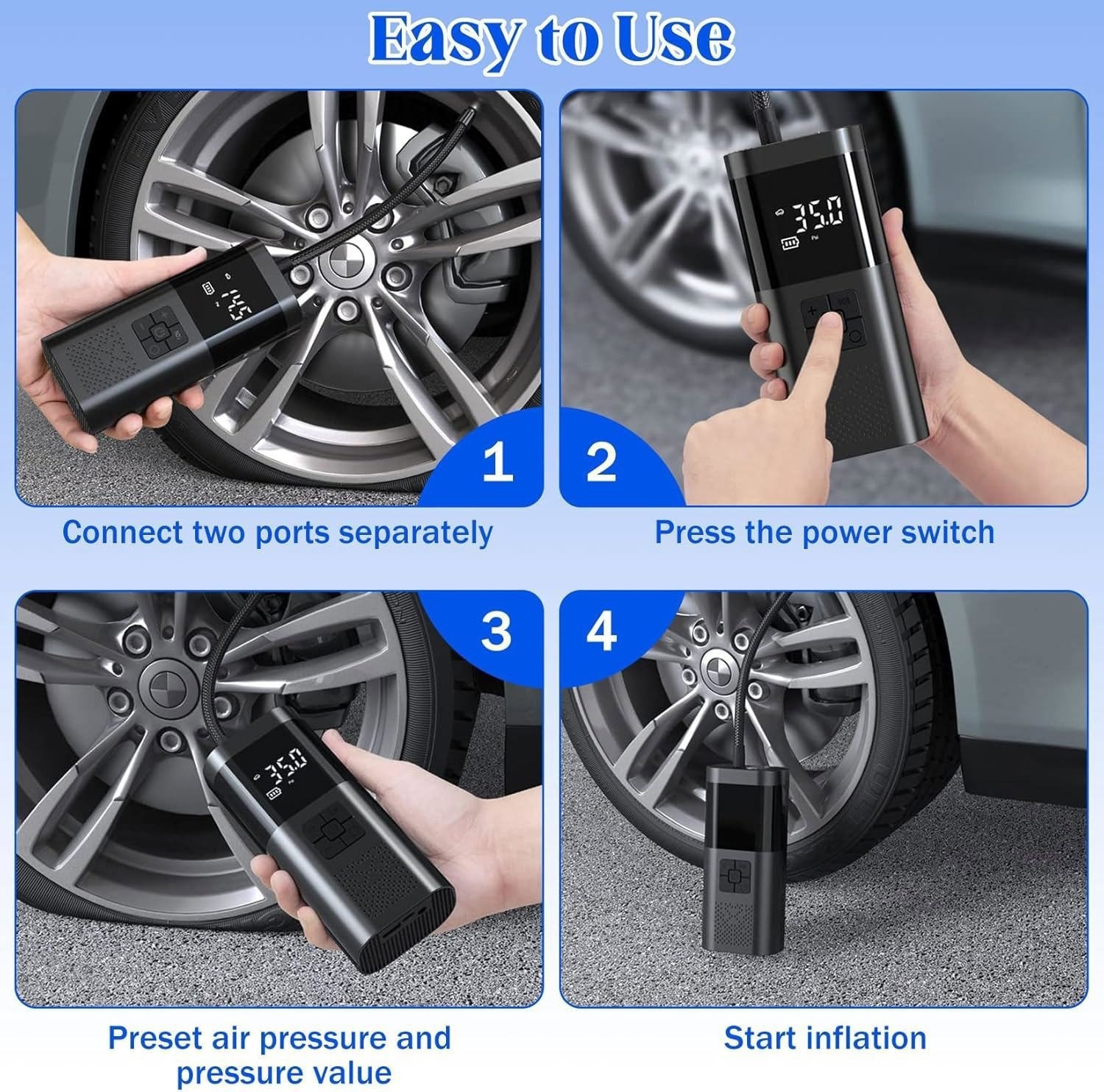6000mAh 150psi Inflator Air Pump 35LPM Auto Tire Pump 12V Portable Power Bank