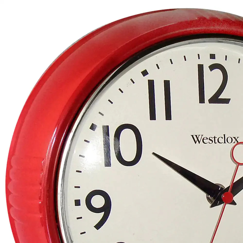 Westclox Retro Wall Clock Red 12 Inch Round Analog Quartz Kitchen Chrome Bezel